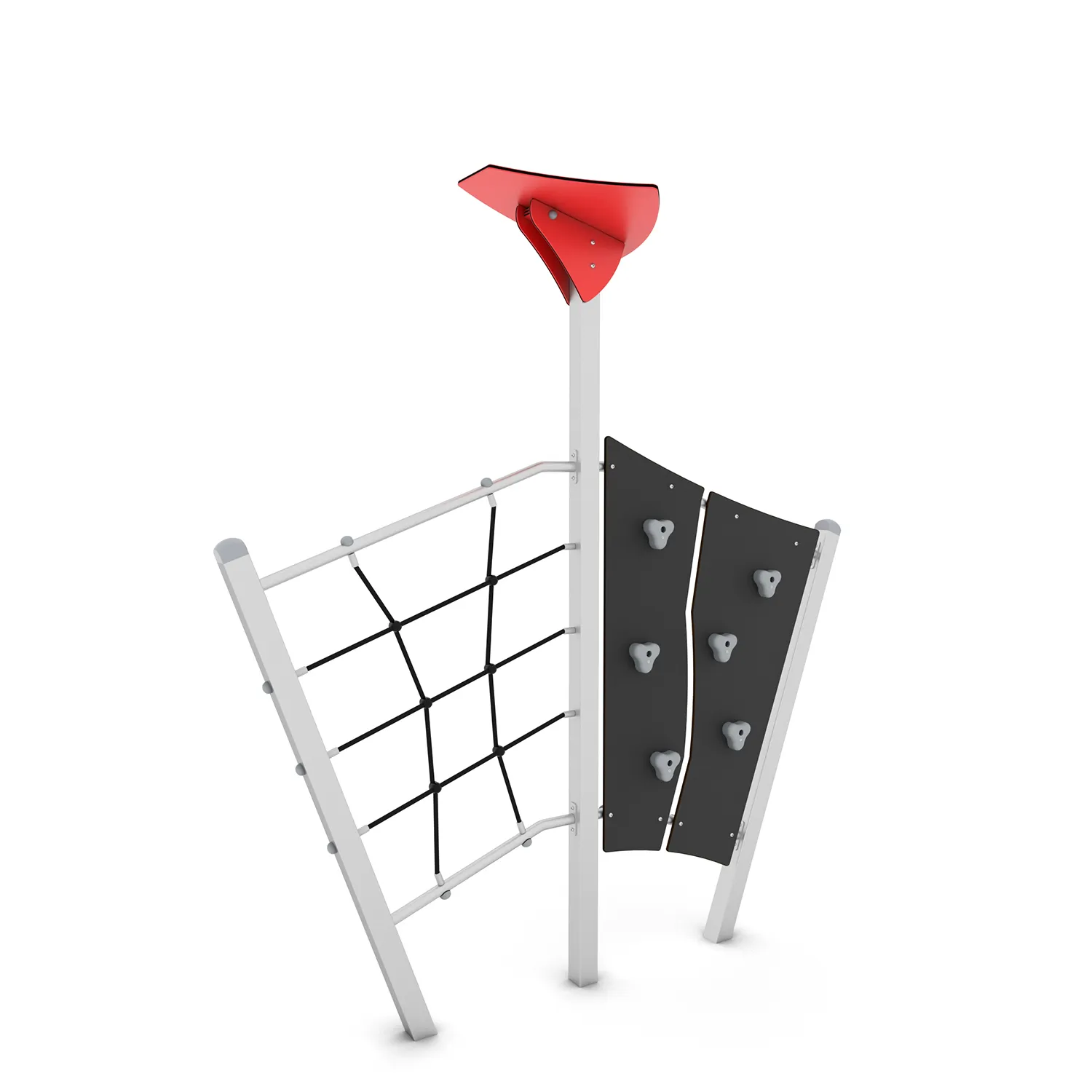 Playground climbing frame with rope net and curved rock-climbing wall