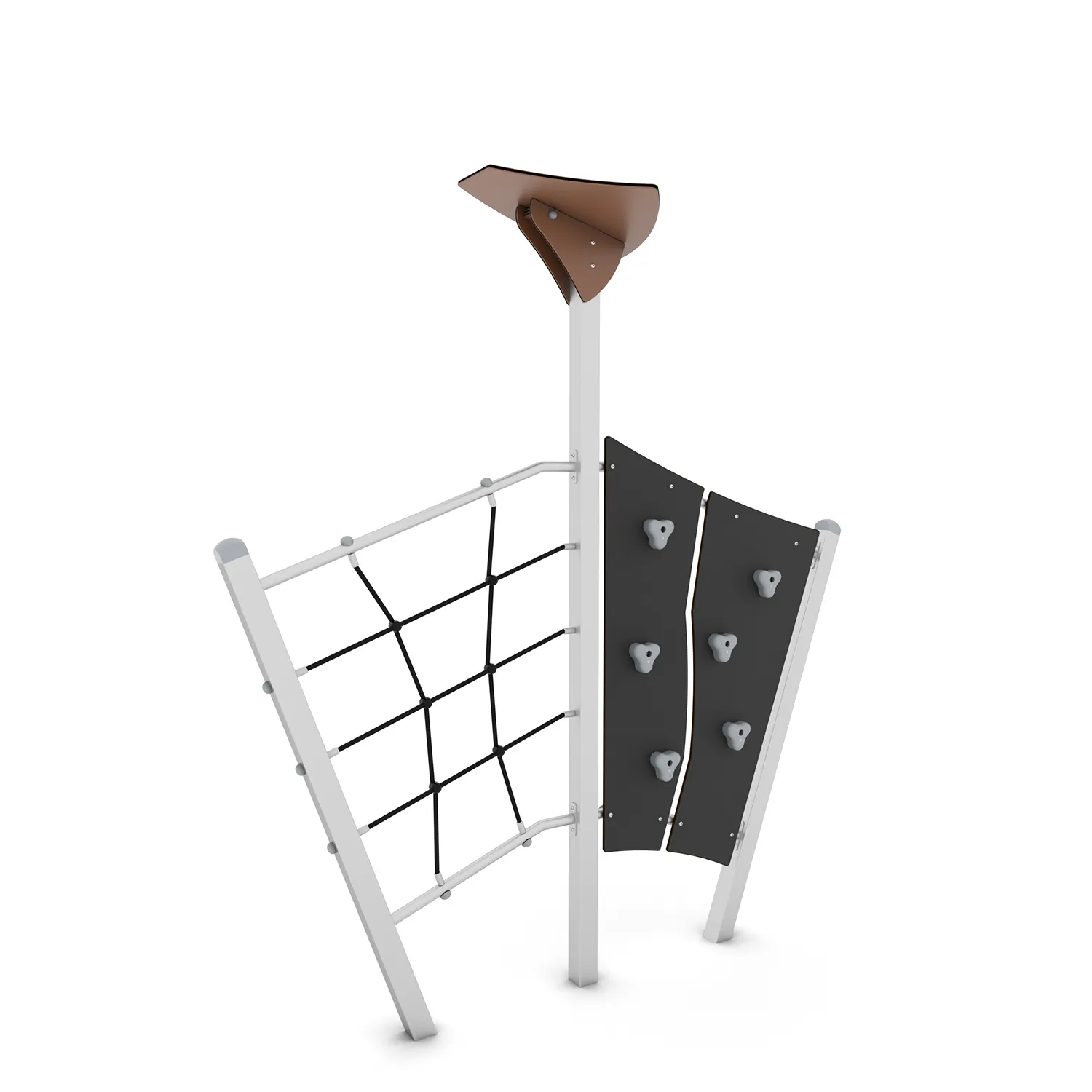Playground climbing frame with rope net and curved rock-climbing wall