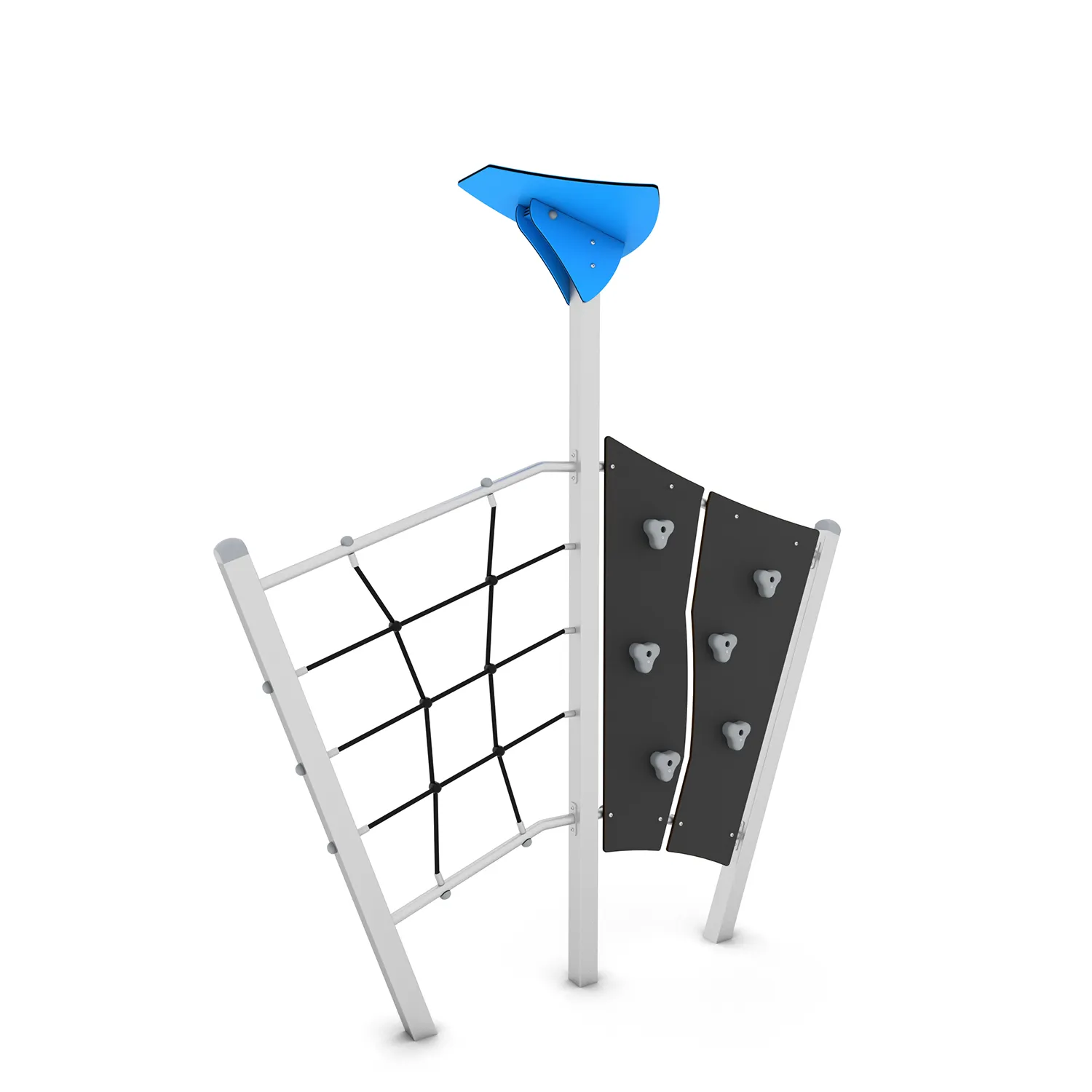 Playground climbing frame with rope net and curved rock-climbing wall