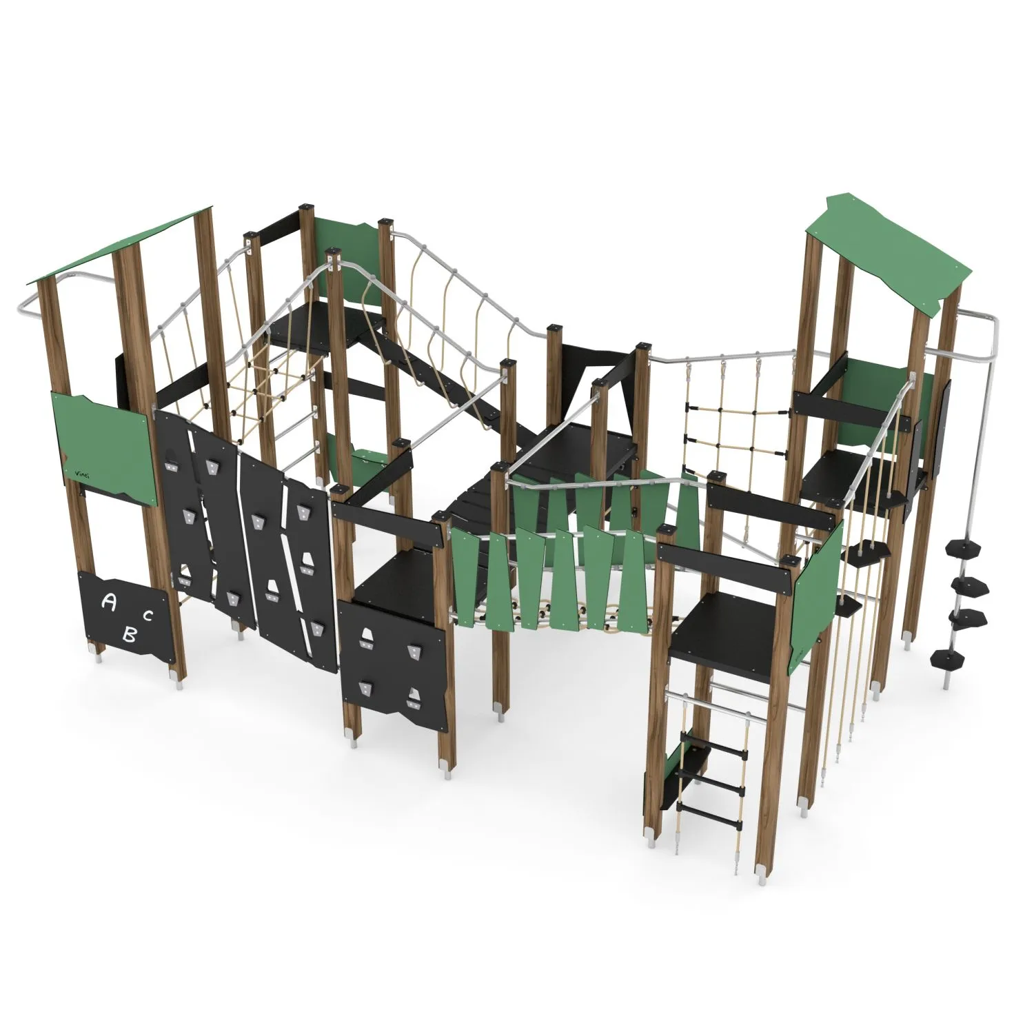 Large timber adventure multi-play unit with climbing walls, rope nets, bridges and activity panels