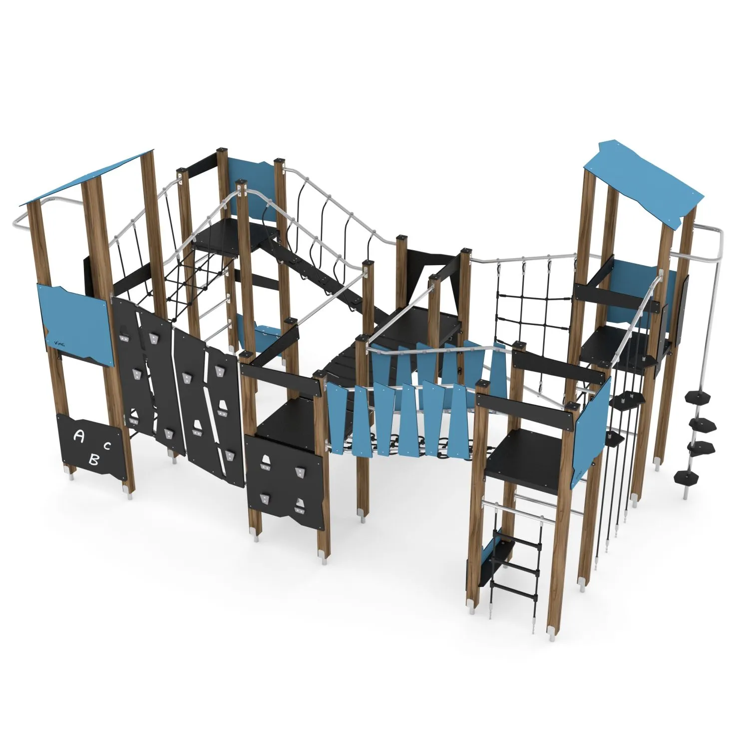 Large timber adventure multi-play unit with climbing walls, rope nets, bridges and activity panels