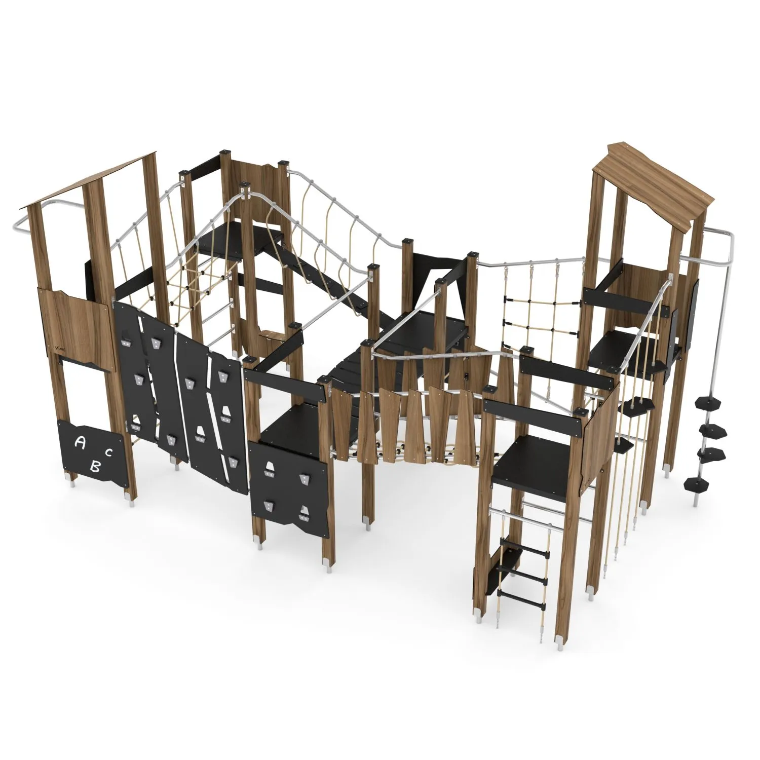 Large timber adventure multi-play unit with climbing walls, rope nets, bridges and activity panels