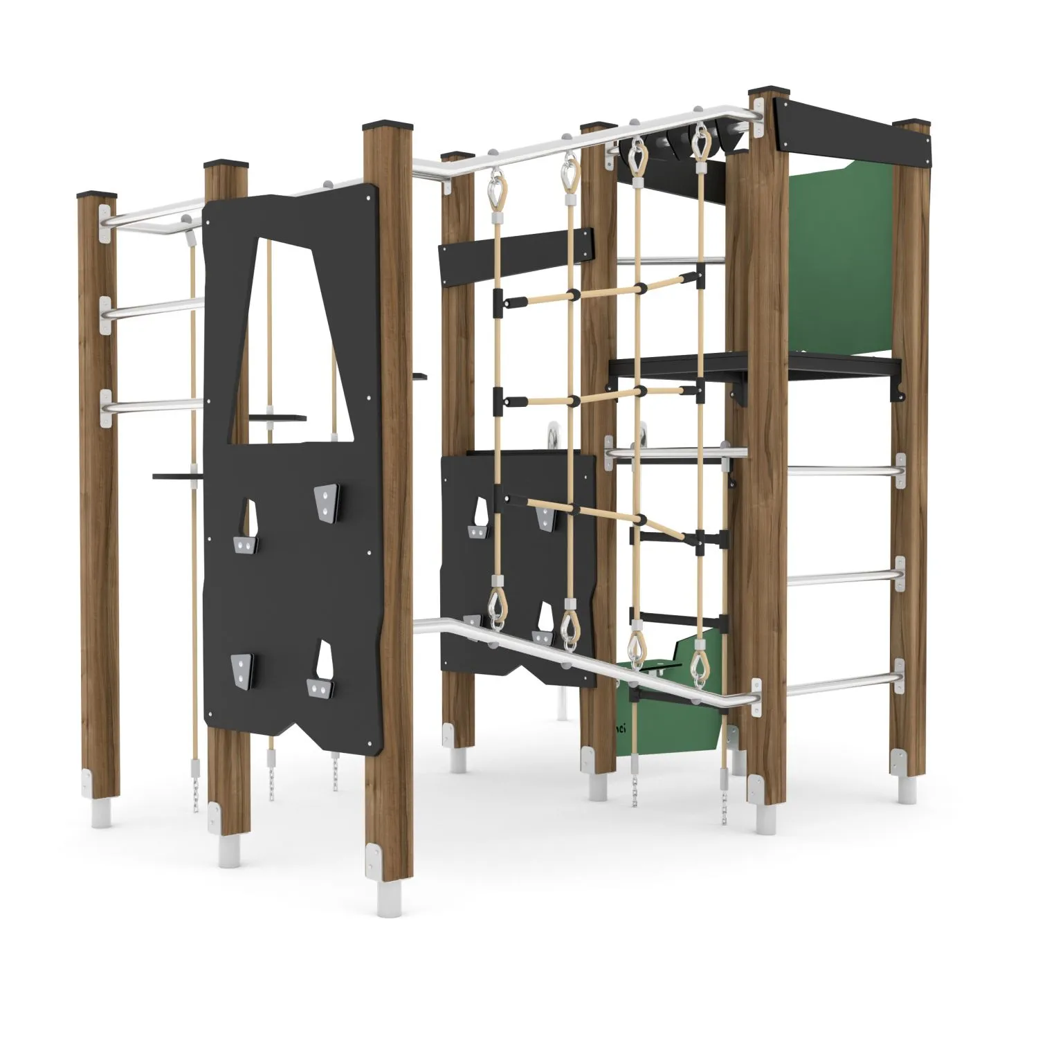 Timber climbing frame with tube slide, climbing walls and rope net