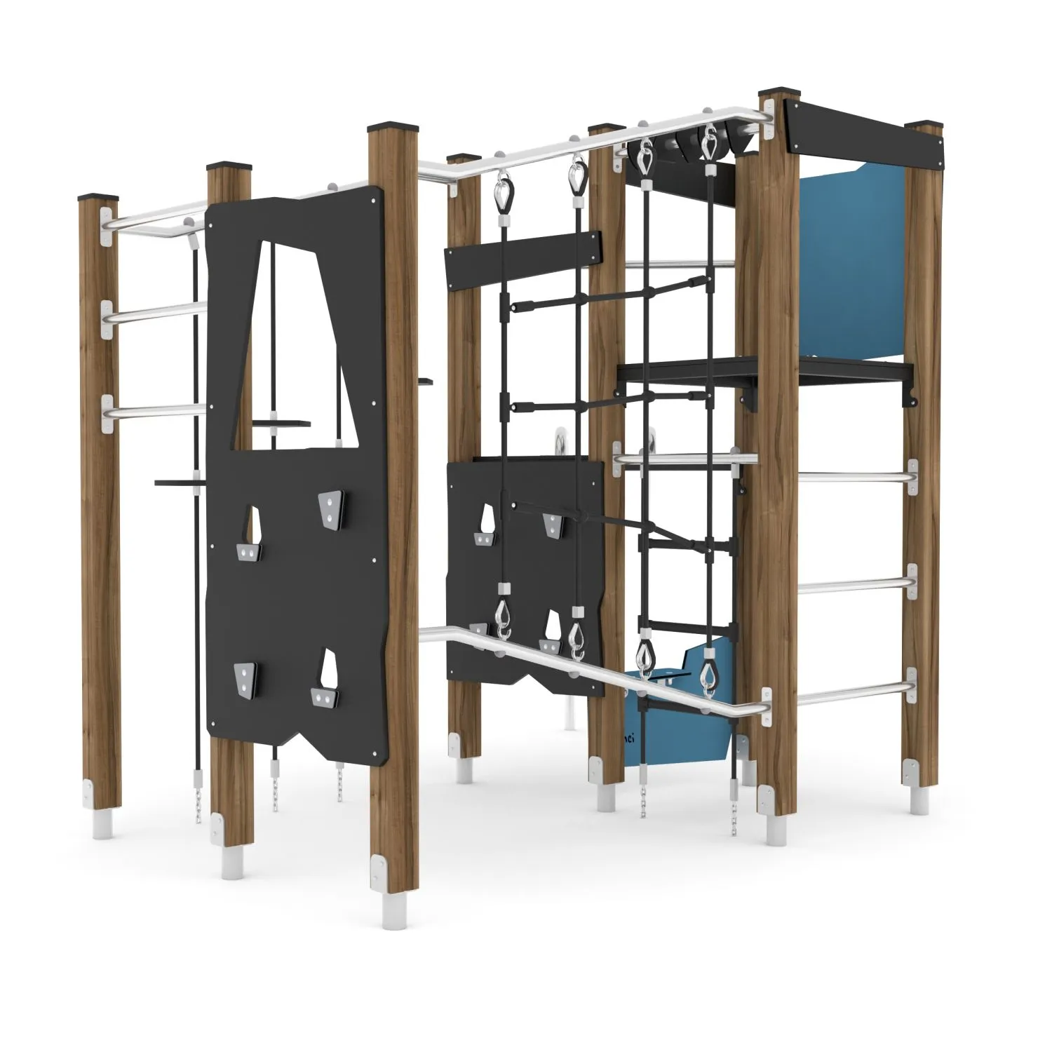 Timber climbing frame with tube slide, climbing walls and rope net
