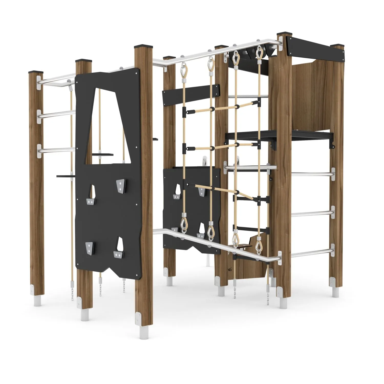 Timber climbing frame with tube slide, climbing walls and rope net