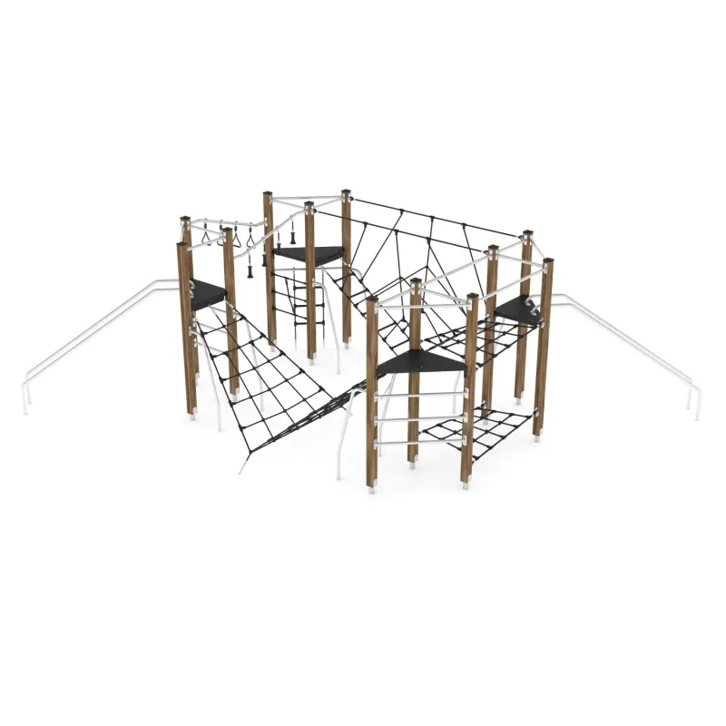Large timber multi-climber with rope nets, net bridges and tube slides