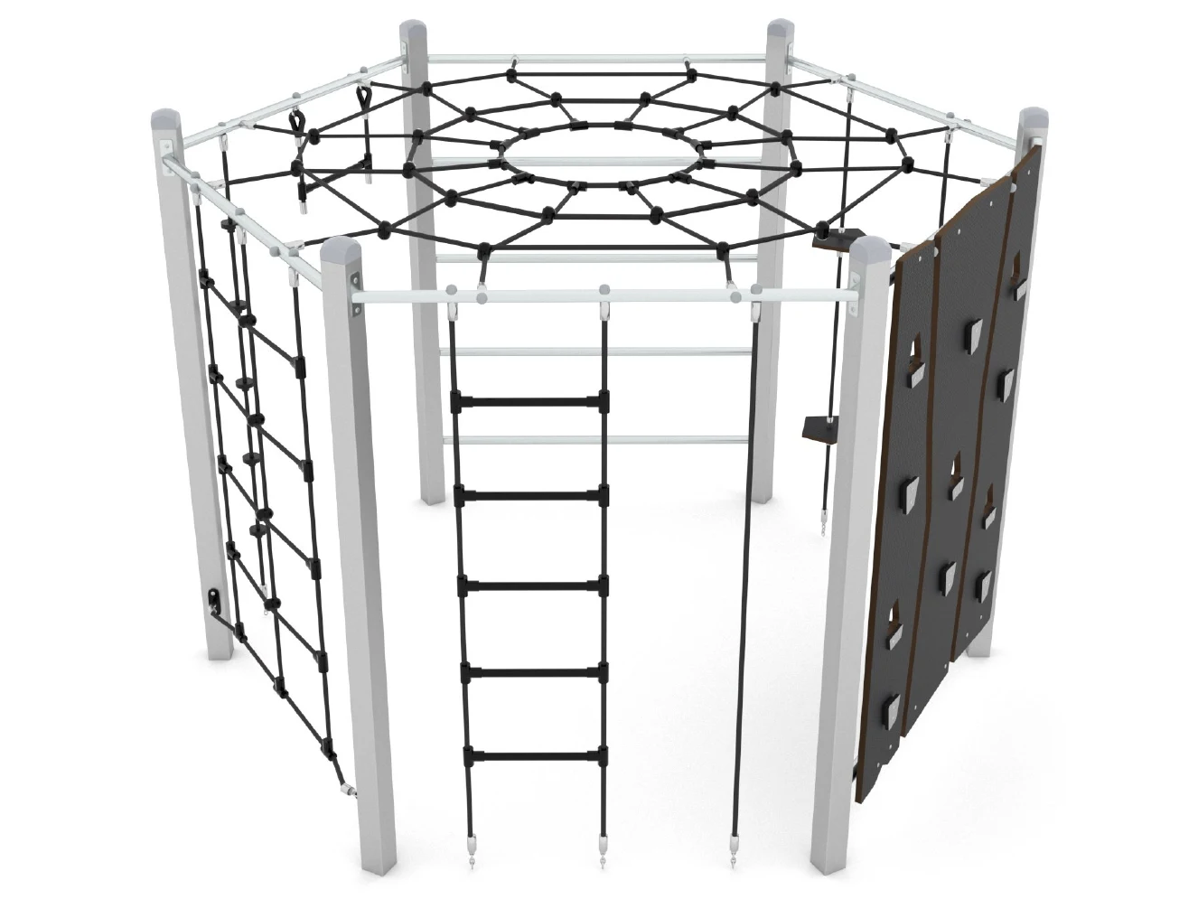 Hexagonal steel climbing frame with overhead spider-web net, rope ladder, climbing net and climbing wall