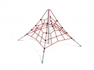 Small 2.0 m red rope pyramid climbing net on a central steel post with corner ground anchors