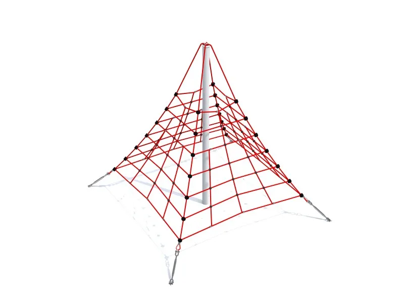 Large 3.0 m red rope pyramid climbing net on a central steel post with ground anchor cables
