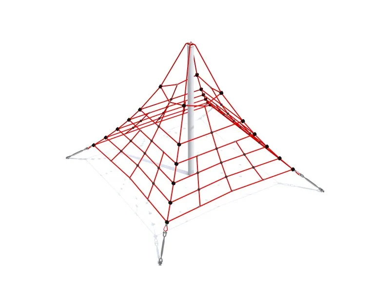 Medium 2.7 m red rope pyramid climbing net with four climbing walls, central steel post and corner anchors