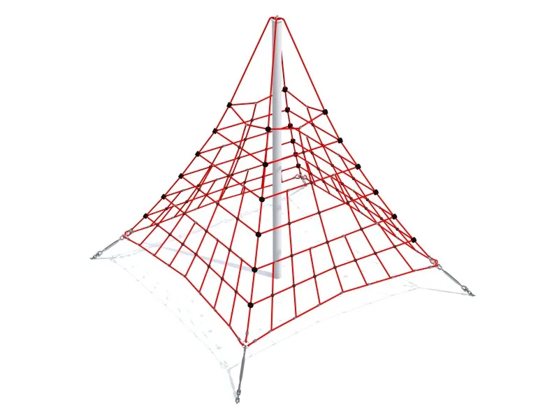 Extra-large 3.5 m red rope pyramid climbing net on a central steel post with corner ground anchors