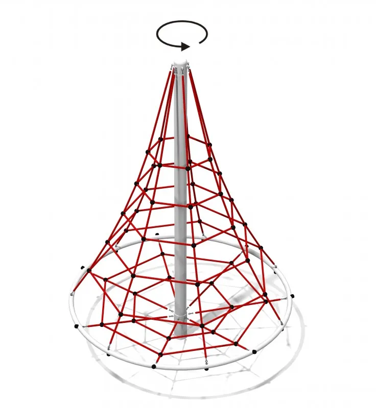 Tall red rope rotating cone climber with upper and lower nets, steel central post and base ring