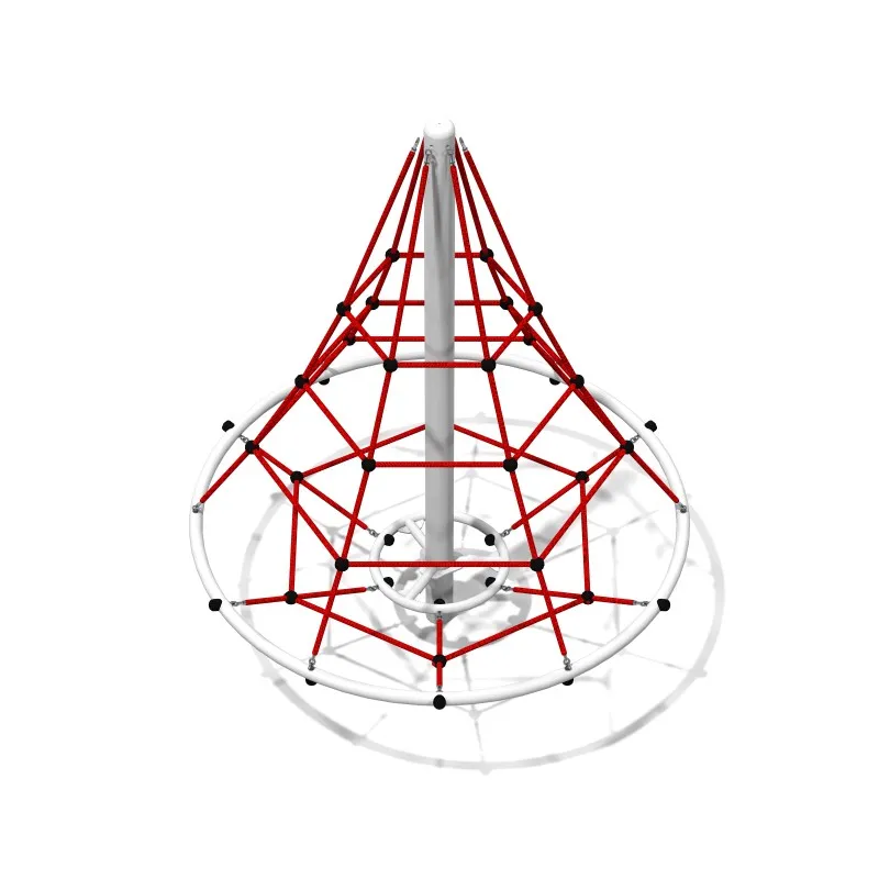 Red rope cone climbing net on a steel central post with small and large tensioning rings