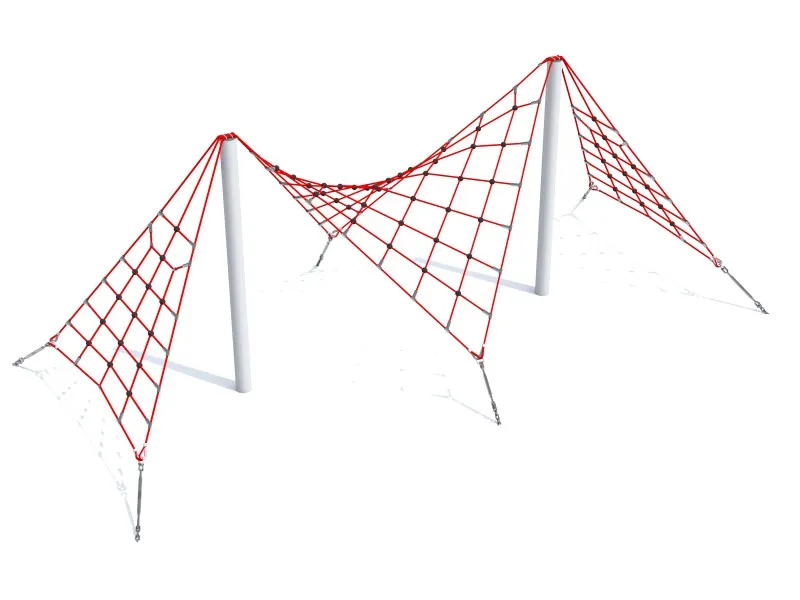 Wave-shaped red rope climbing net with three linked nets between two steel posts