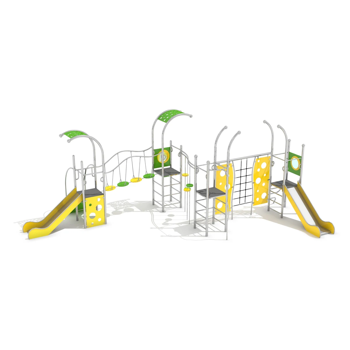Stainless steel four-tower play unit with twin yellow slides, two wheel bridges and green roofs