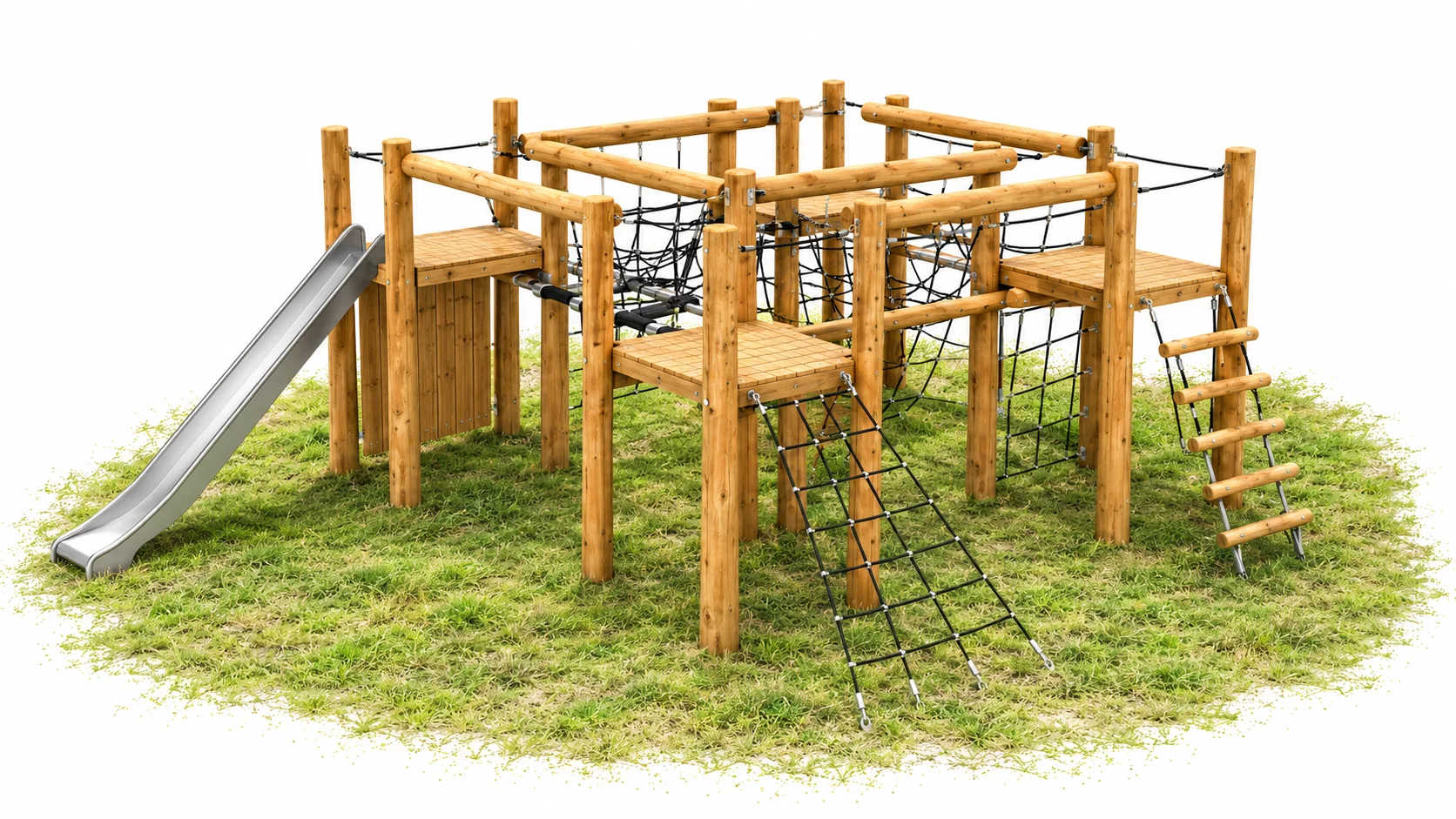 Large Robinia timber climbing structure with four elevated platforms, rope nets, net and log ladders and a stainless steel slide