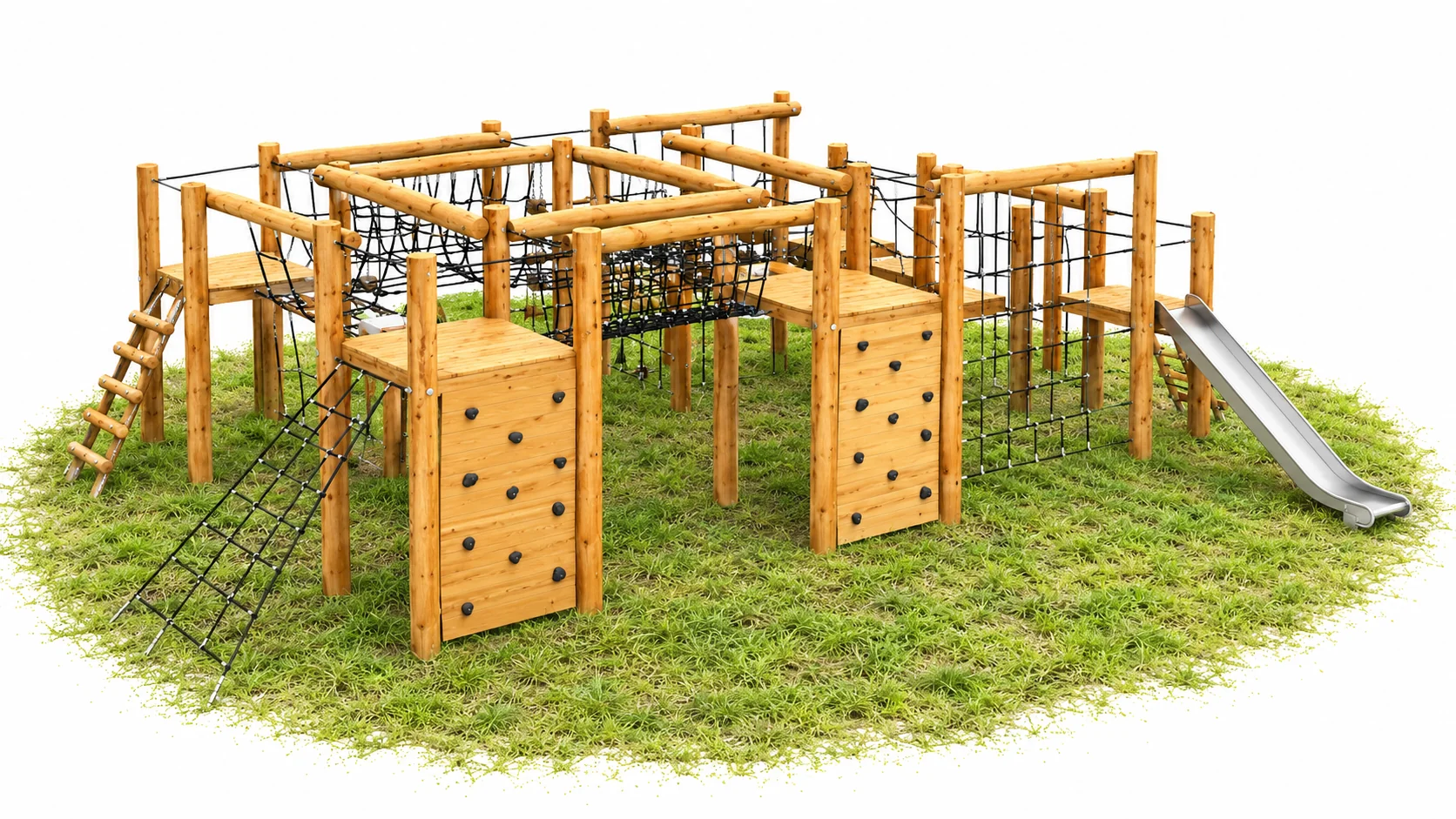Large Robinia timber multi-climb structure with two climbing walls, rope nets, log ladders, connecting walkways and a stainless steel slide