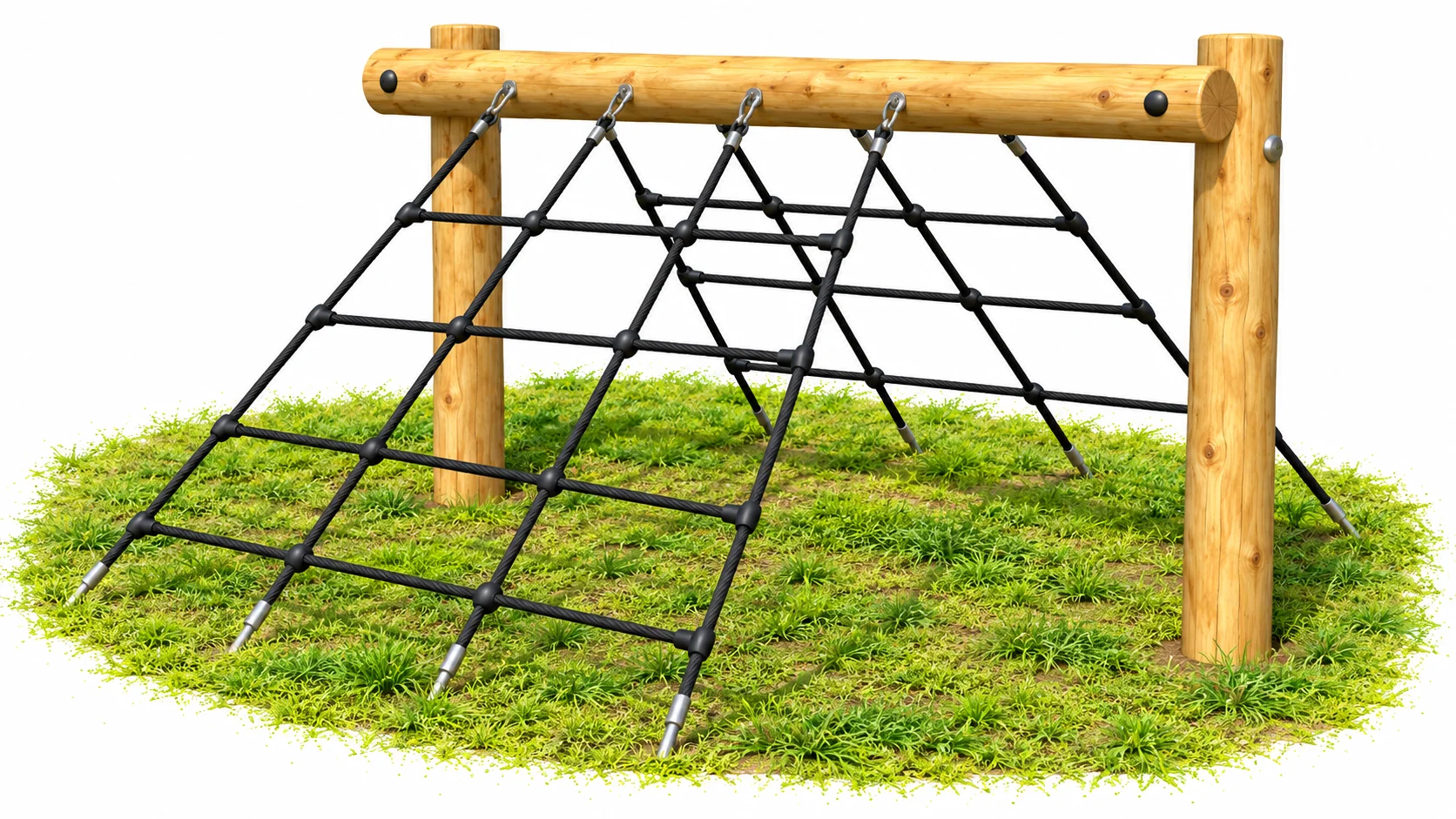 Robinia A-frame climbing net with rope nets angled down both sides from a log crossbeam on two timber posts