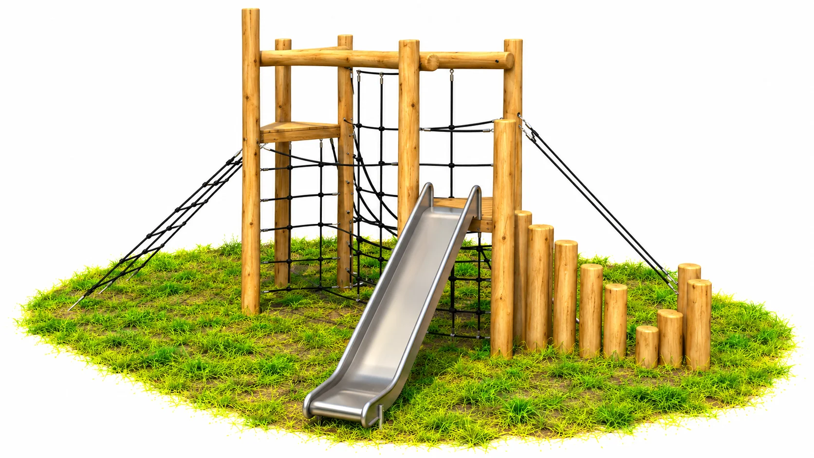 Robinia climbing frame with two platforms, vertical and angled rope climbing nets, stainless steel slide and a row of graded stepping posts