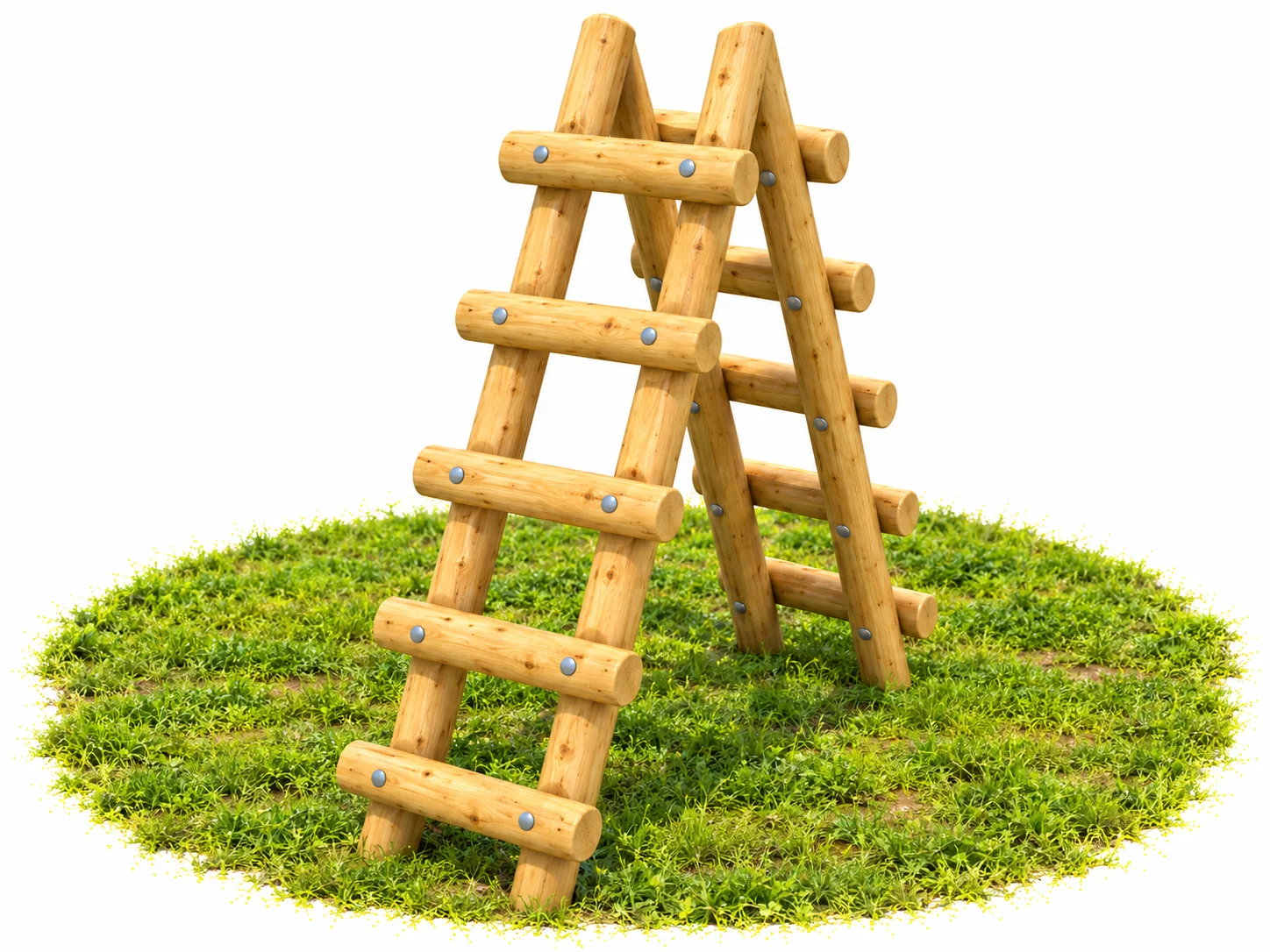 Double-sided Robinia A-frame climbing ladder with round log rungs on both sides