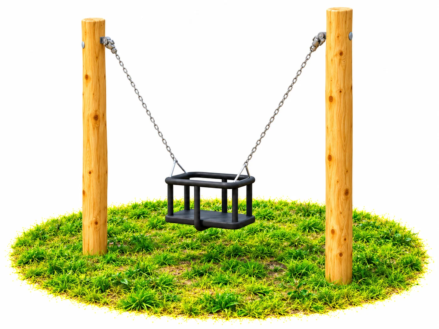 Robinia cradle swing with two timber posts and a rubber toddler cradle seat on stainless steel chains