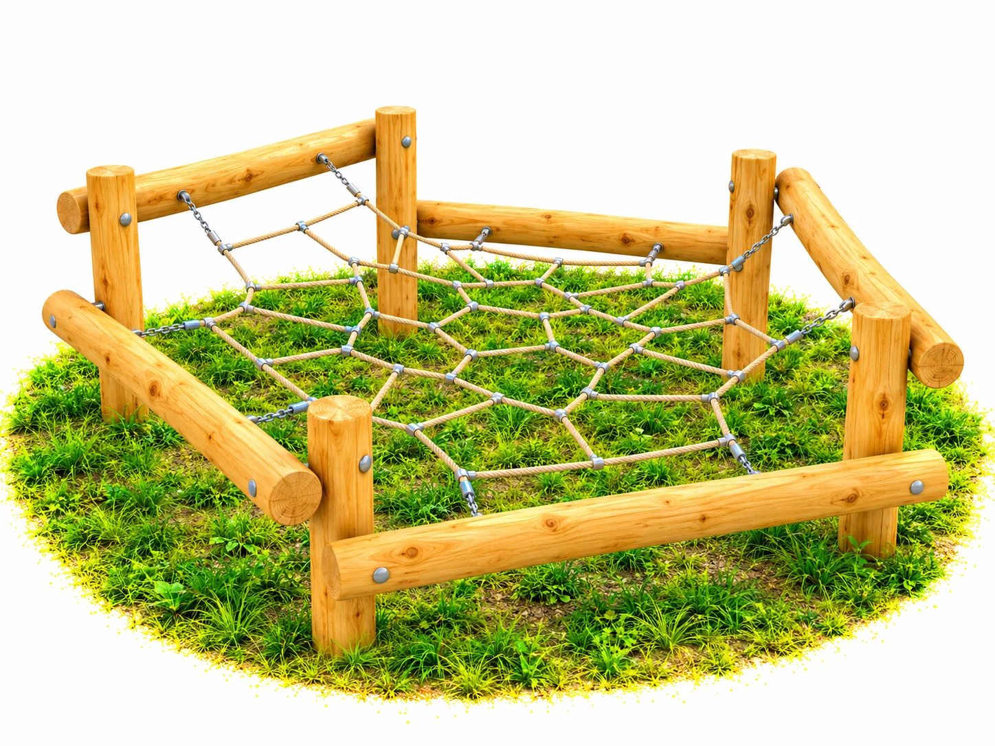Low-level Robinia crawl net with a web-style rope net tensioned inside a hexagonal frame of log beams and posts