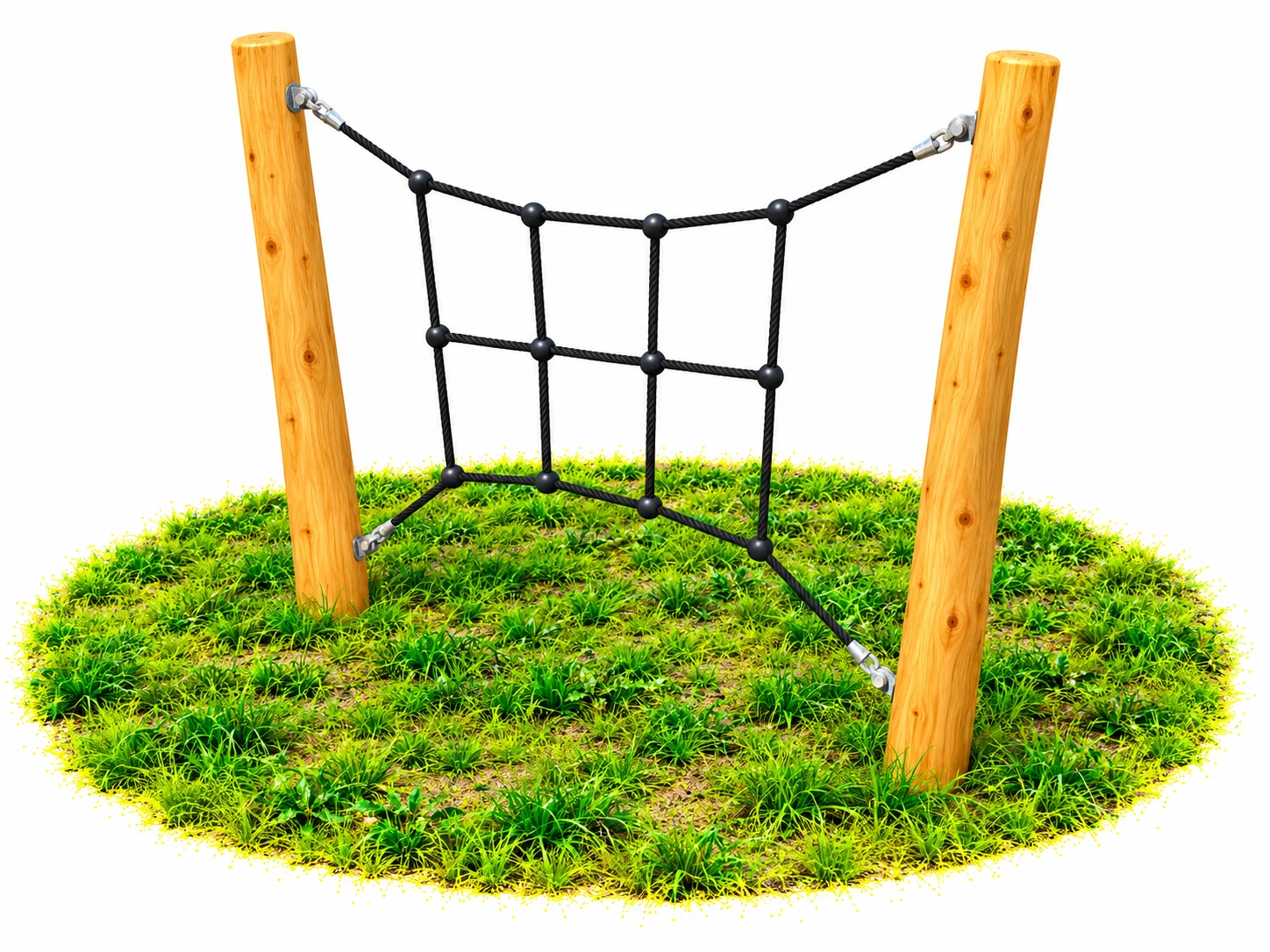 Curved rope climbing net tensioned between two angled Robinia posts with stainless steel fixings