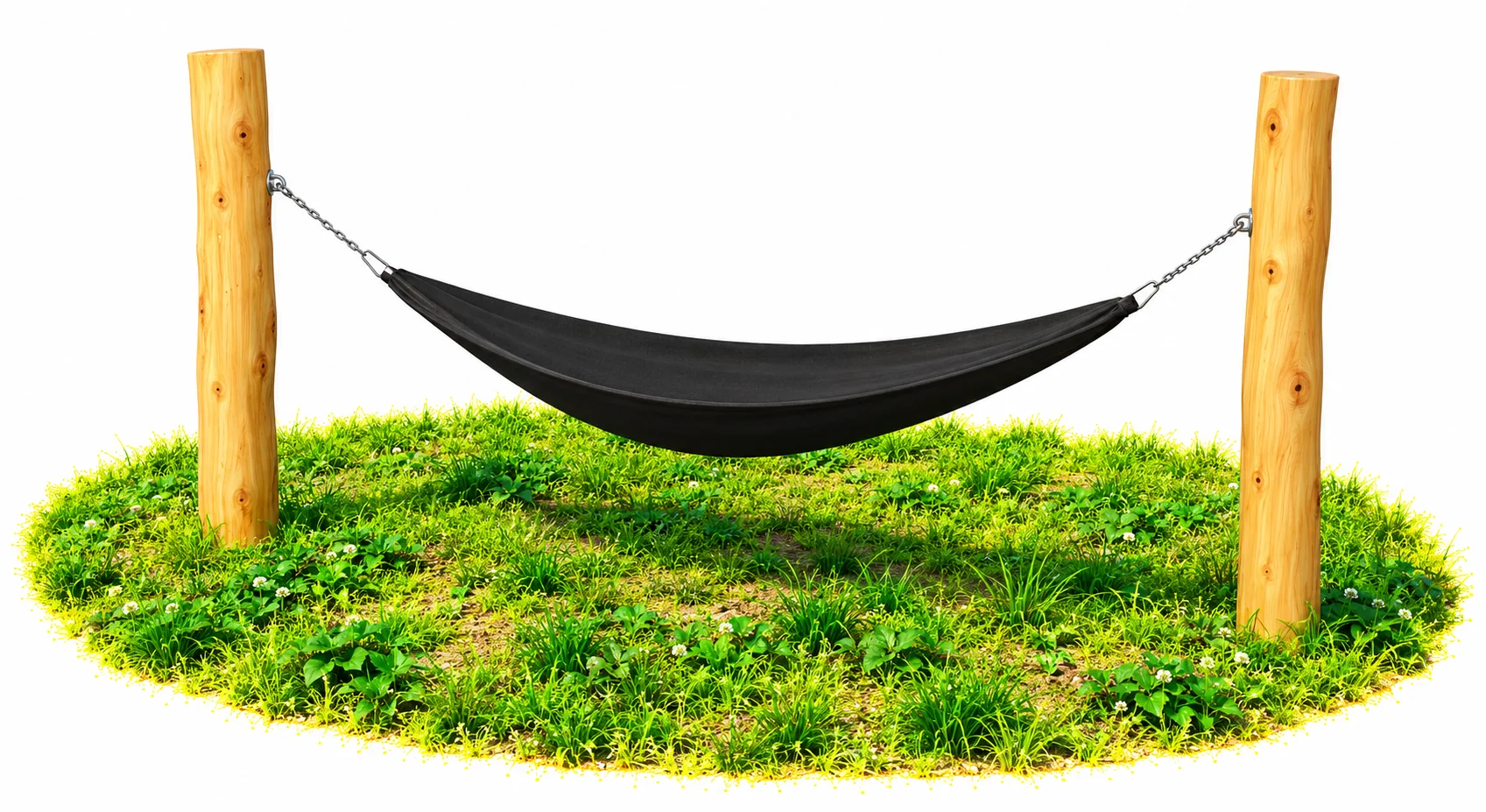 Black playground hammock suspended on stainless steel chains between two Robinia timber posts