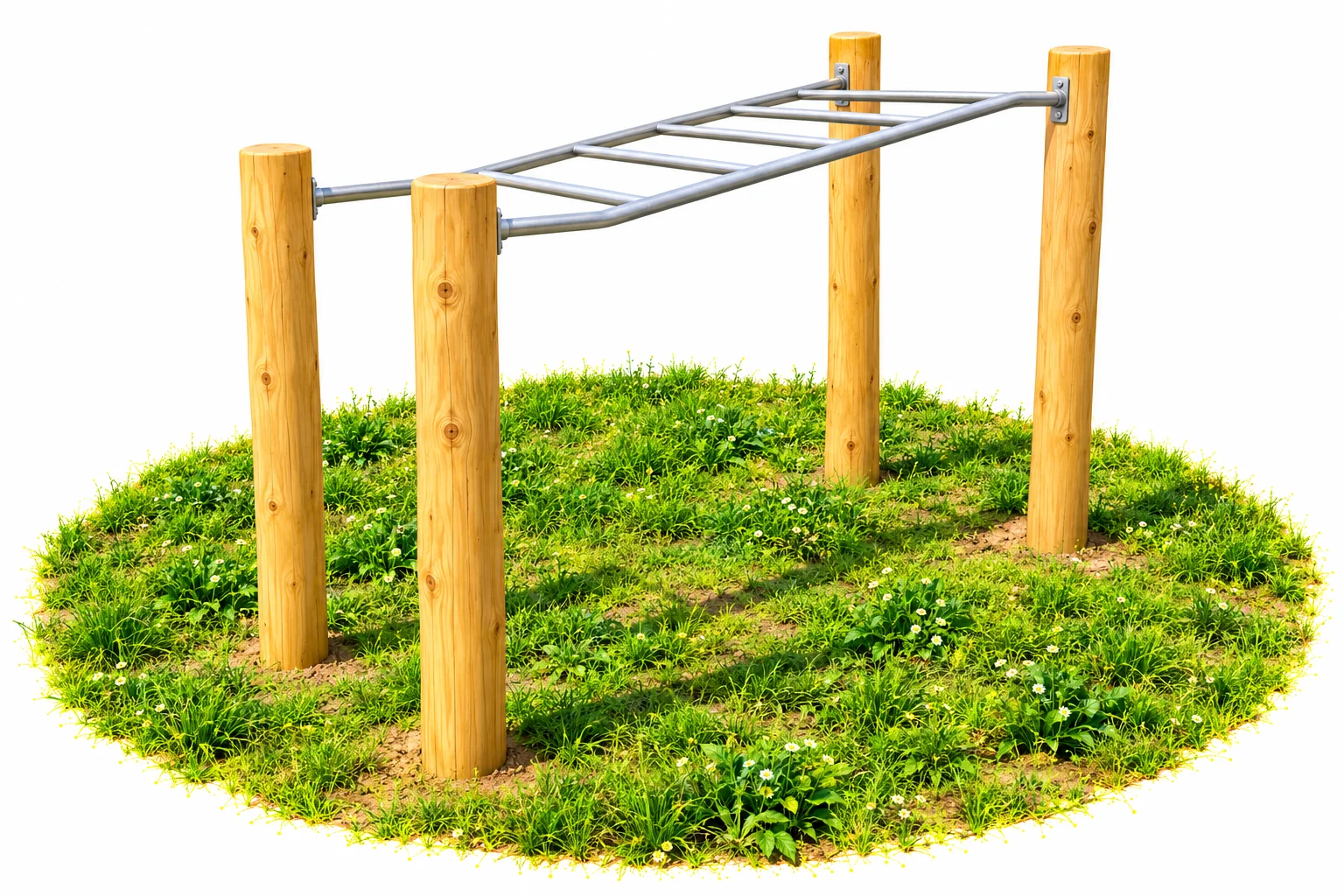 Robinia monkey bars with a stainless steel overhead ladder fixed between four timber posts