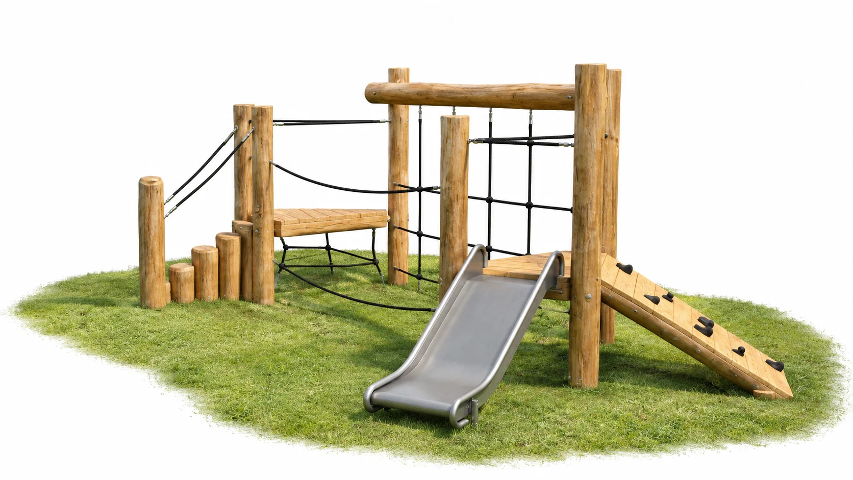 Robinia toddler activity system on grass: stepped Robinia posts, a low timber deck, rope bridge with hand ropes, vertical rope net, slide and climbing ramp with holds