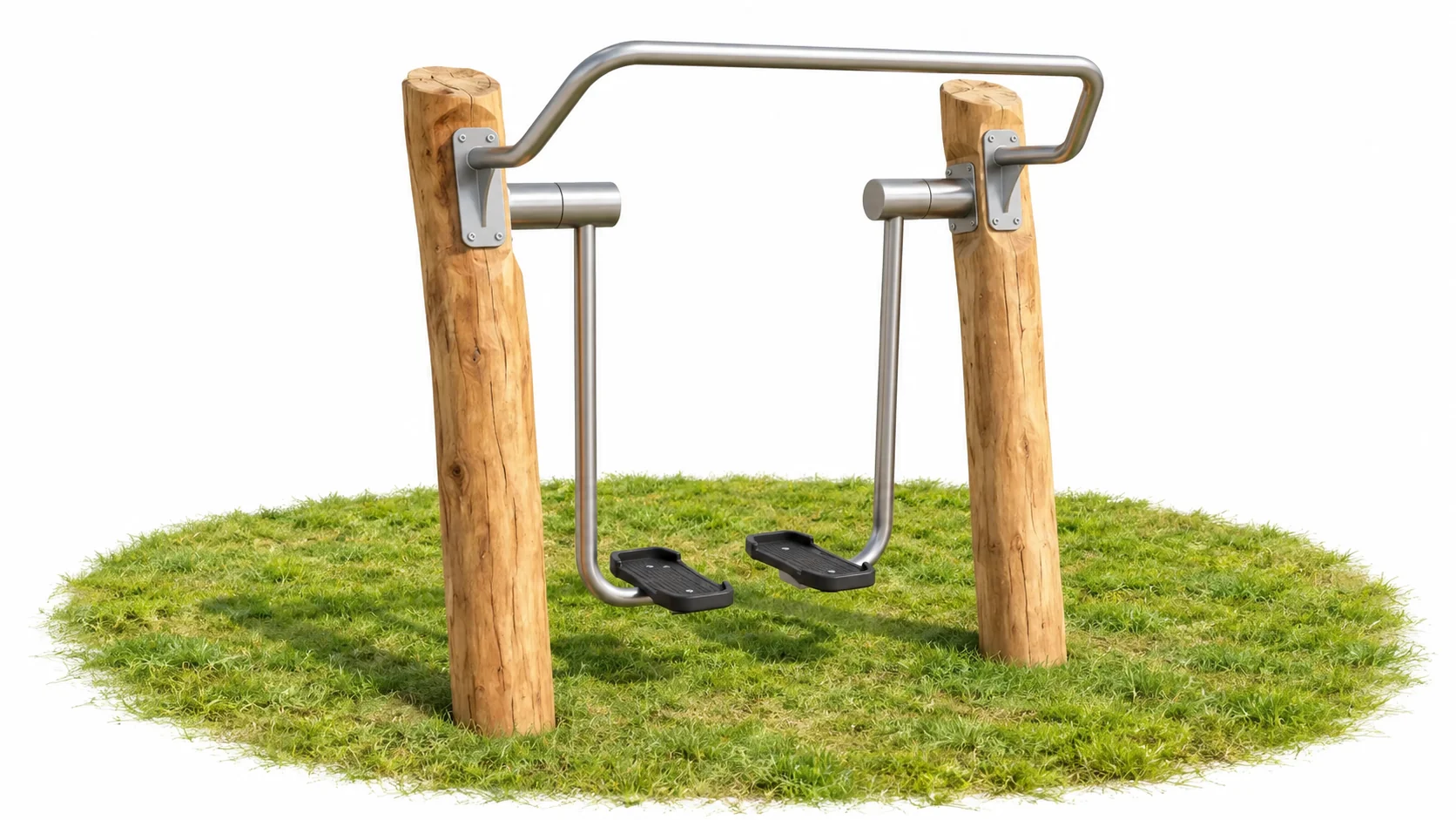 Outdoor gym air walker on grass with two Robinia timber posts, stainless steel handlebar and swinging leg arms with black anti-slip foot plates