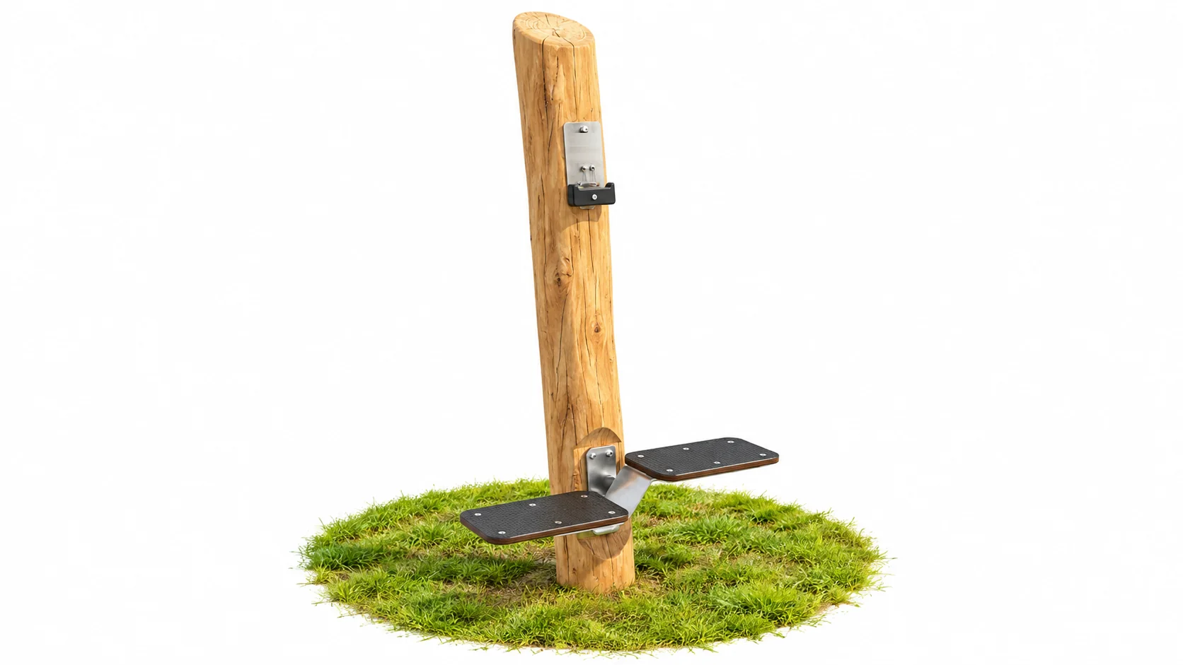 Outdoor gym stepper on grass: a tall Robinia timber post with two pivoting anti-slip foot platforms on a stainless steel mechanism at its base