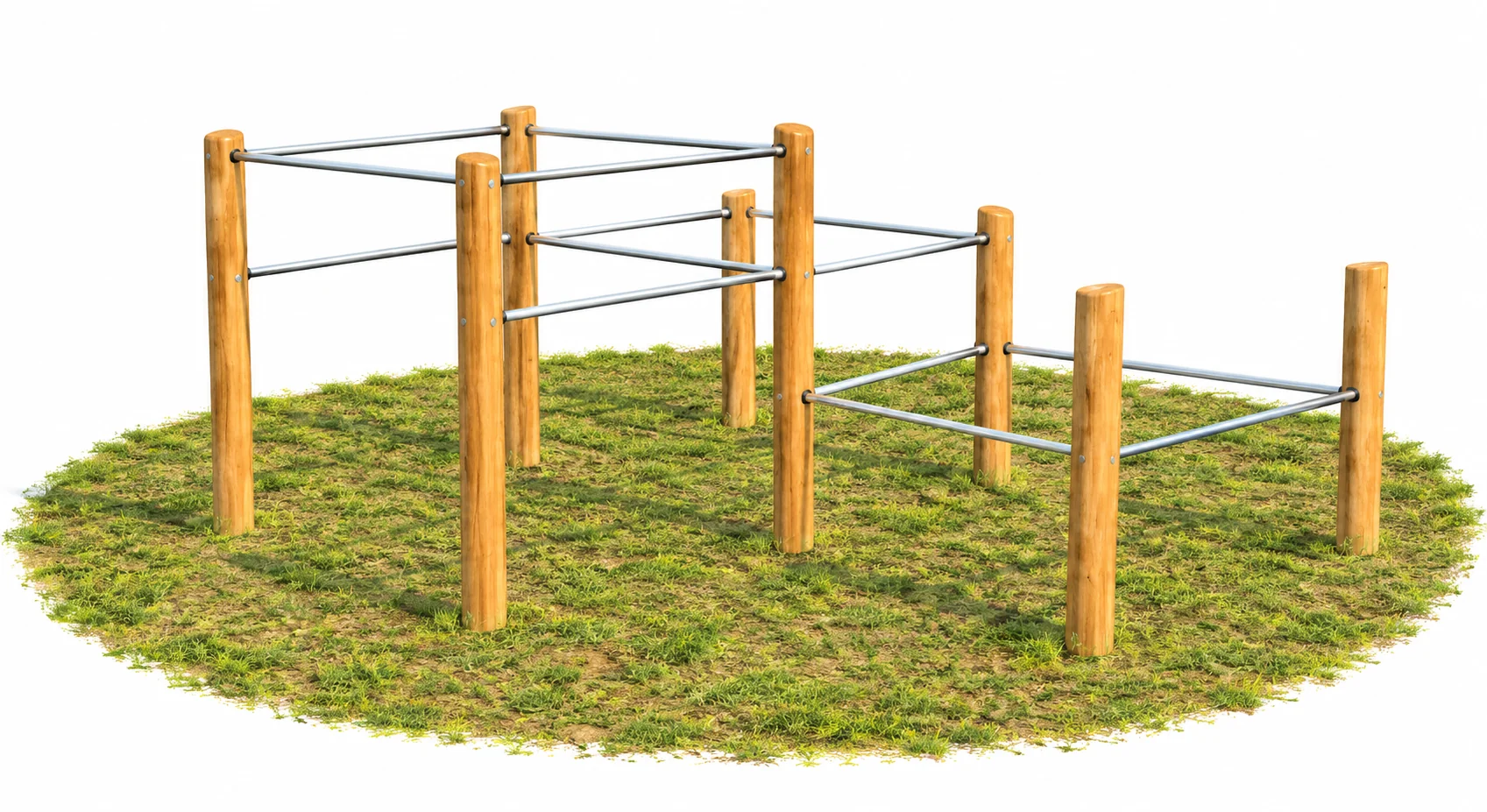 Robinia parkour bars on grass: Robinia timber posts carrying stainless steel bars in three stepped bays, from high bars down to low vault bars
