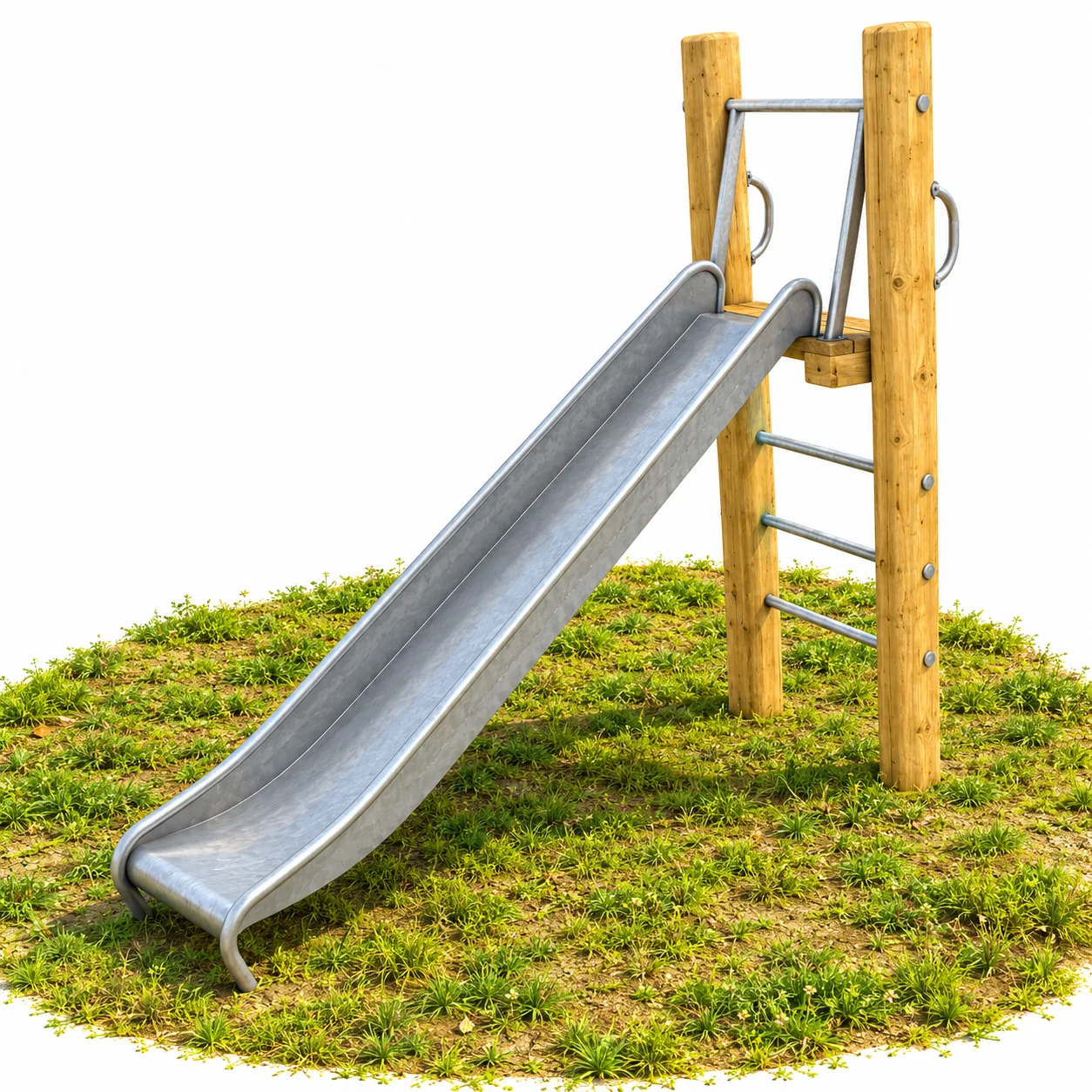Taller Robinia playground slide on grass: two Robinia timber posts with three steel ladder rungs, a small timber top platform with steel entry handrails and a long stainless steel slide chute