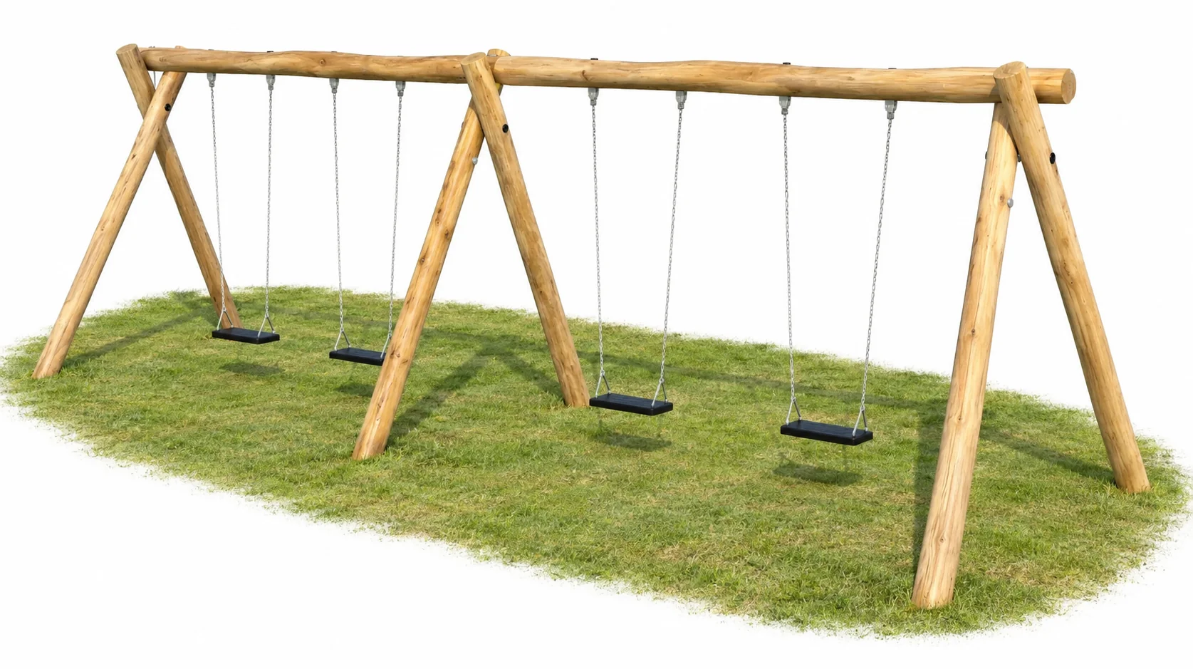 Robinia four-seat swing on grass: three A-frames of angled Robinia posts carrying a Robinia log crossbar, with four black flat seats on steel chains across two bays