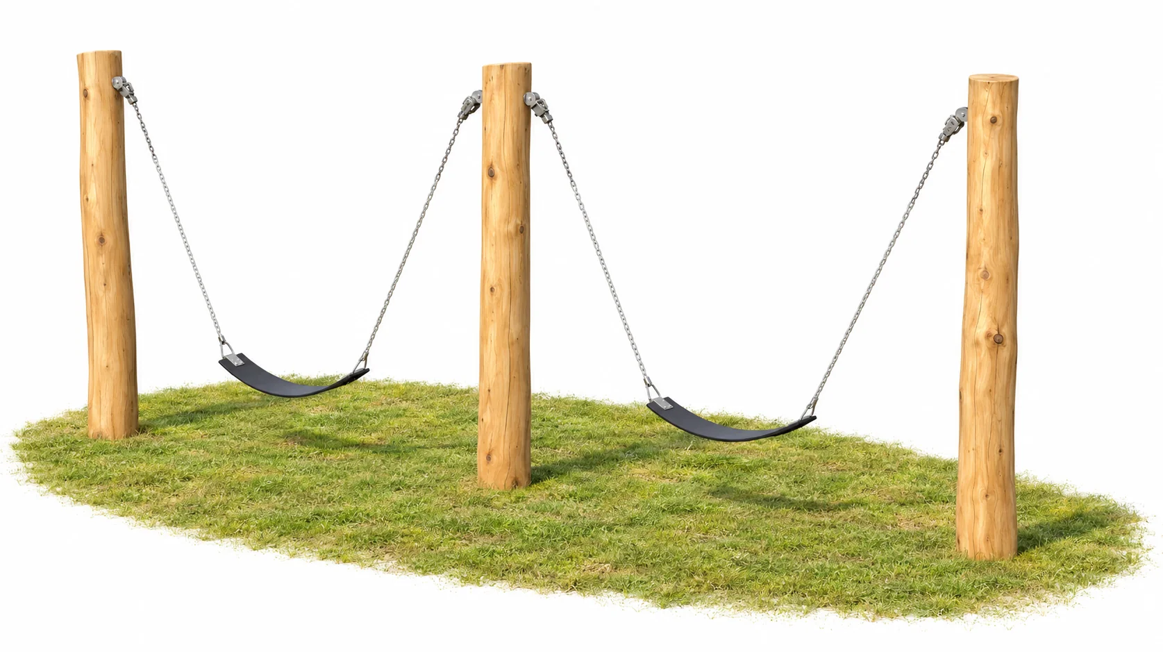 Robinia post swings on grass: three upright Robinia timber posts in a row with two black flat swing seats hung on steel chains between them