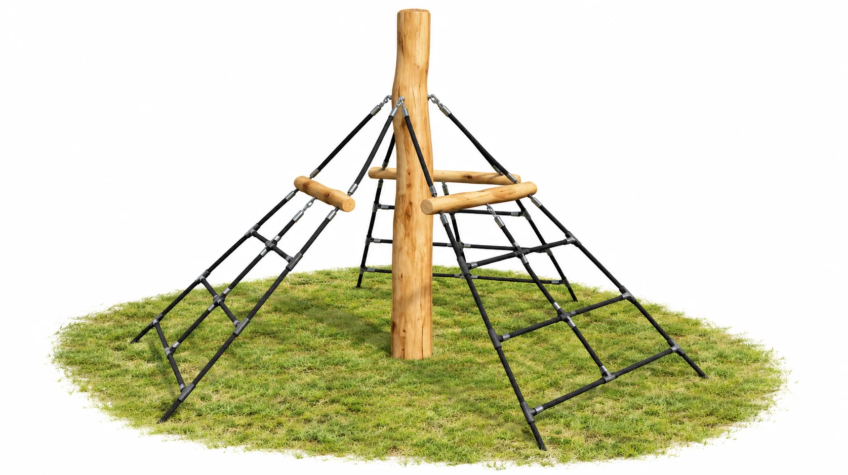Robinia pyramid climbing net on grass: a central Robinia timber mast with black steel-cored rope ladders angled down on several sides and short Robinia log hand holds near the top