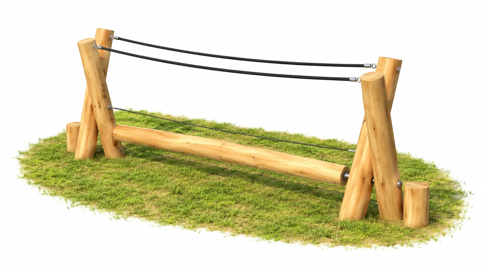 Robinia rolling balance beam on grass: a Robinia log beam between two crossed-post Robinia frames, with two overhead rope handholds and short step posts at each end