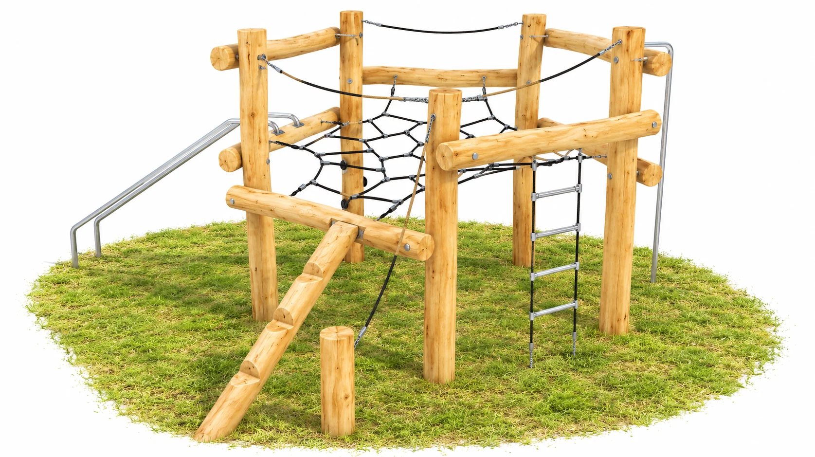 Robinia Rope Climbing Frame with Net & Log Ramp | Natural Timber Playground Climber