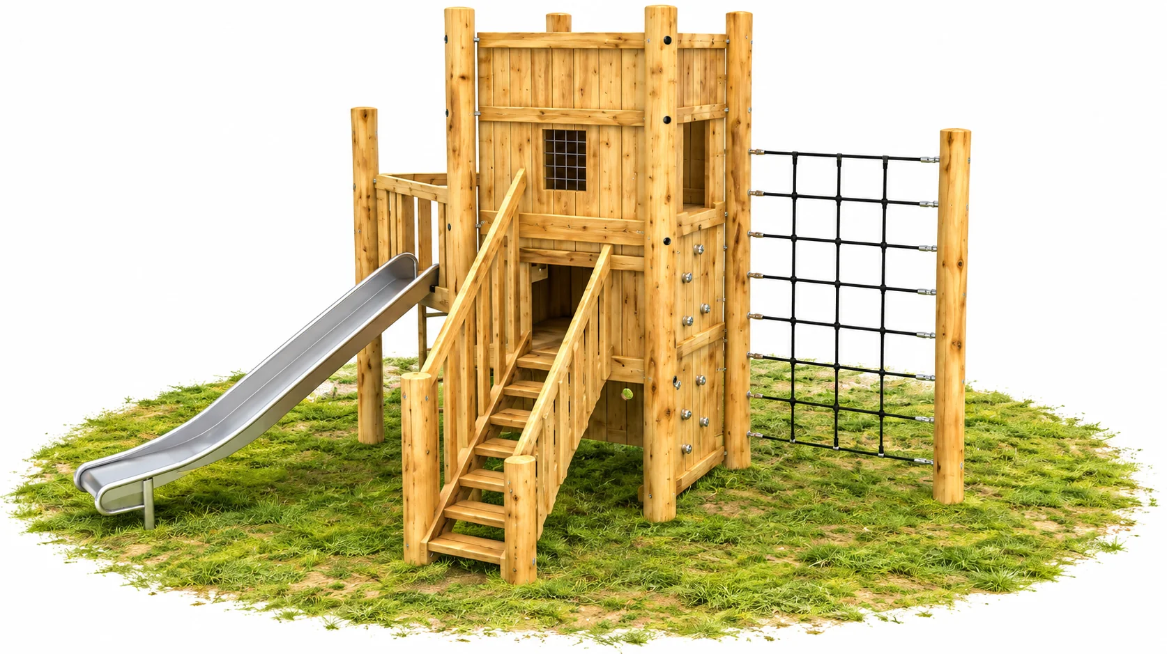 Timber climbing frame on grass: a boarded tower with a window grille and climbing holds, timber stairs with handrails, a side platform with stainless steel slide and a vertical black rope climbing net between posts