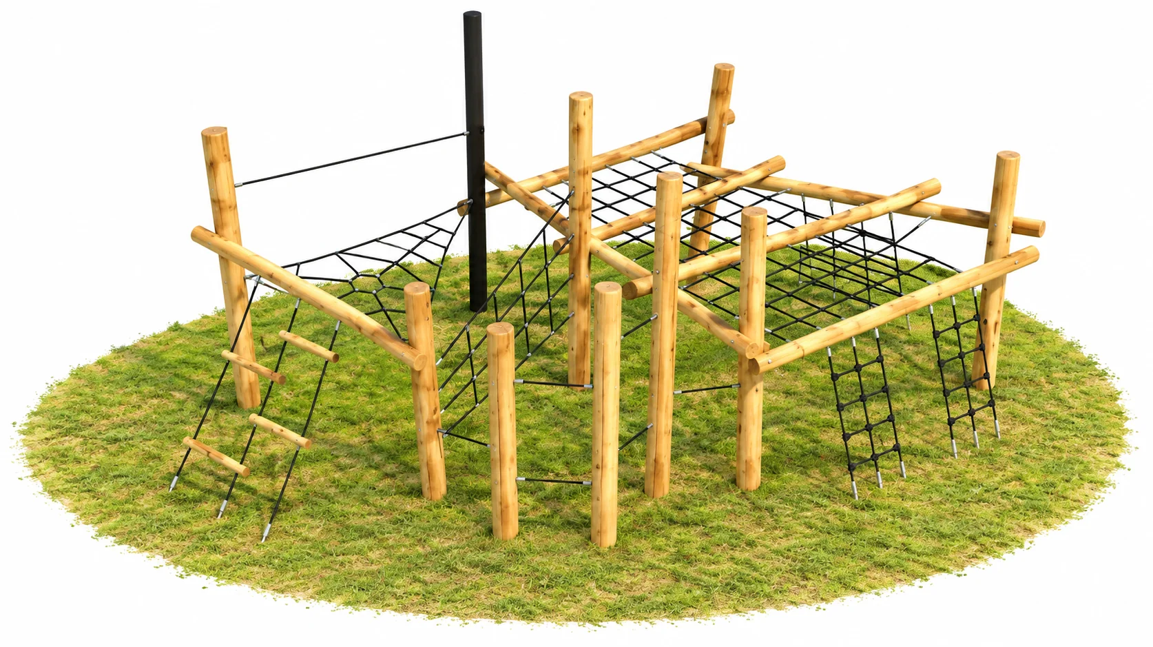 Robinia twin-net climbing system on grass: interconnected Robinia post-and-log frames with a horizontal spider-web net, a horizontal net with timber beams, rope ladders, a timber-rung ladder, rope balance walks and a tall black post