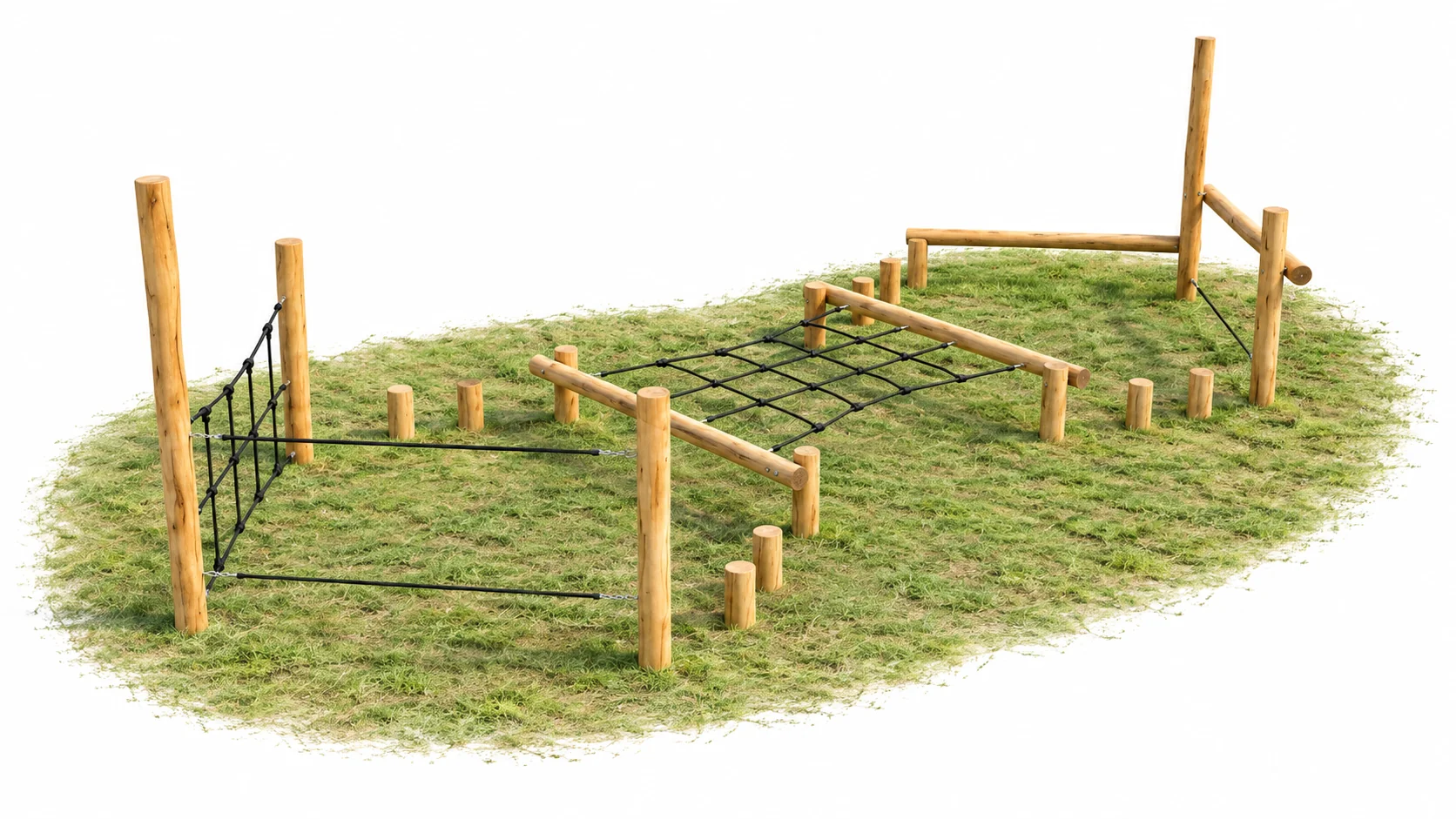 Robinia balance trail on grass: a vertical black rope net between two posts with rope traverse lines, a low horizontal rope net between two logs, angled balance logs meeting at a tall post, and short stepping posts