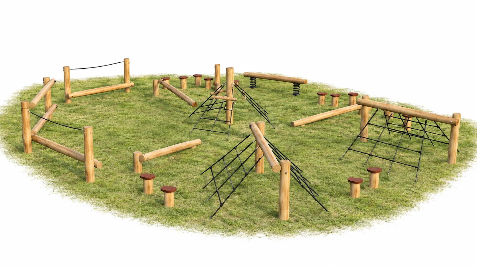 Robinia Net Trail with Spring Log – Climbing Nets, Rope Walks, Balance Logs & Stepping Stumps
