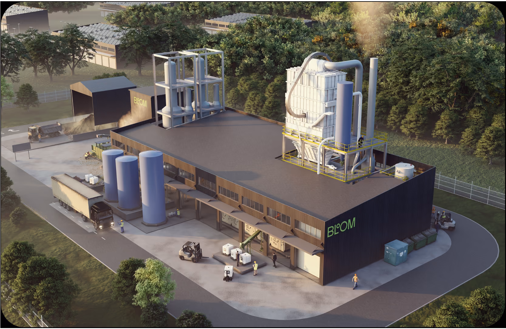 Bloom's schematic of a biomass processing plant illustrating the conversion of biomass into lignin, hemicellulose, and cellulose through four key stages (preparation, fractionation, depolymerisation, deoxygenation, and separation and purification)