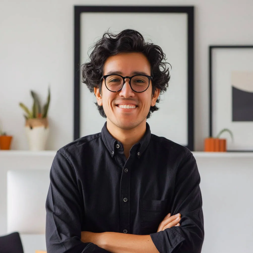 Person in black shirt with crossed arms in front of wall art and plants.