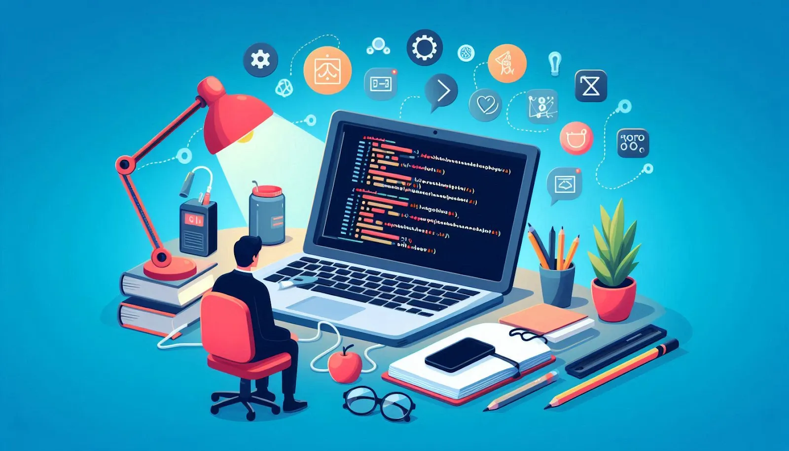 Illustration of a programmer's desk with a laptop displaying code, surrounded by tech icons and office items.