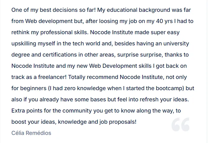 Testimonial from former student of NoCode Institute