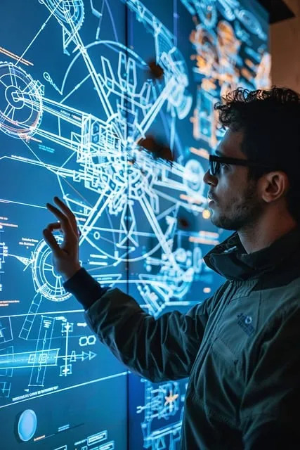 Person interacting with a futuristic holographic interface with complex diagrams.