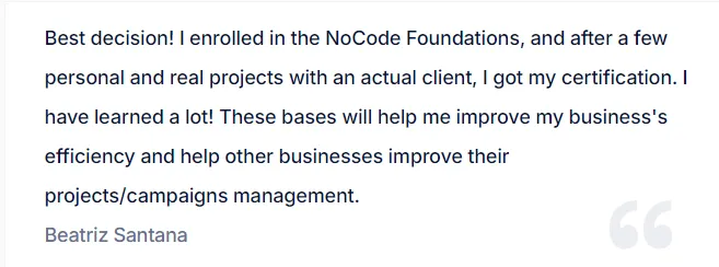 Testimonial from former student of NoCode Institute