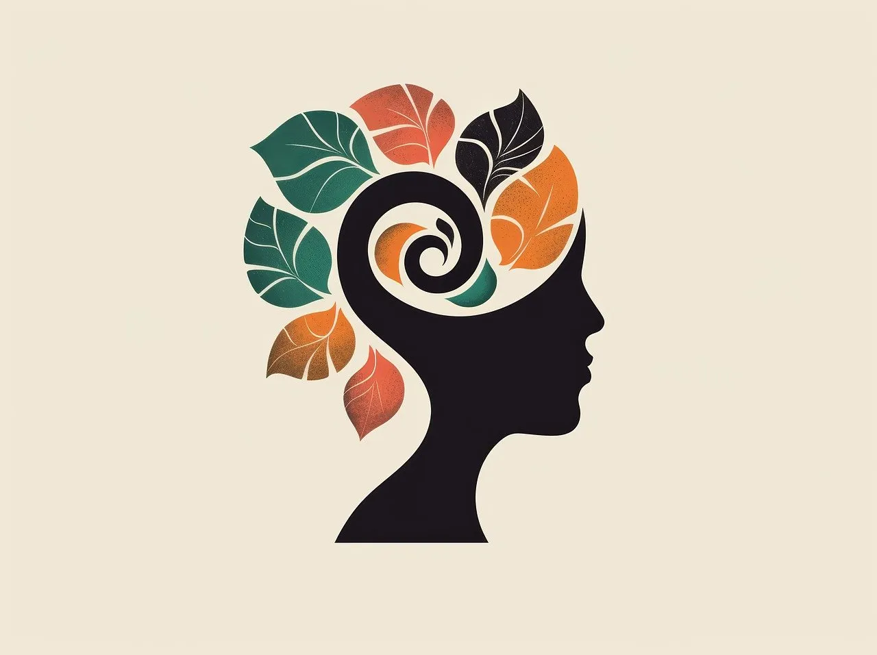 Silhouette of a human profile with colorful leaves forming a brain-like pattern inside the head.